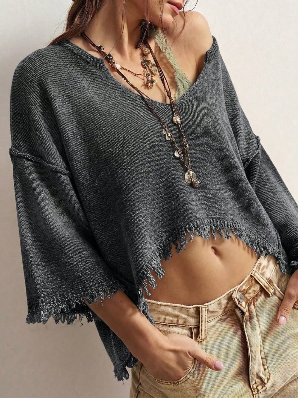 Grey Casual Women's Tassel Design Long Sleeve Sweater - Picture 4 of 11